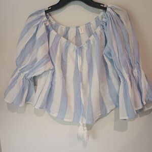Primi Blue White Striped Linen Blend Crop Top Small Boho Off Shoulder Tassel Tie